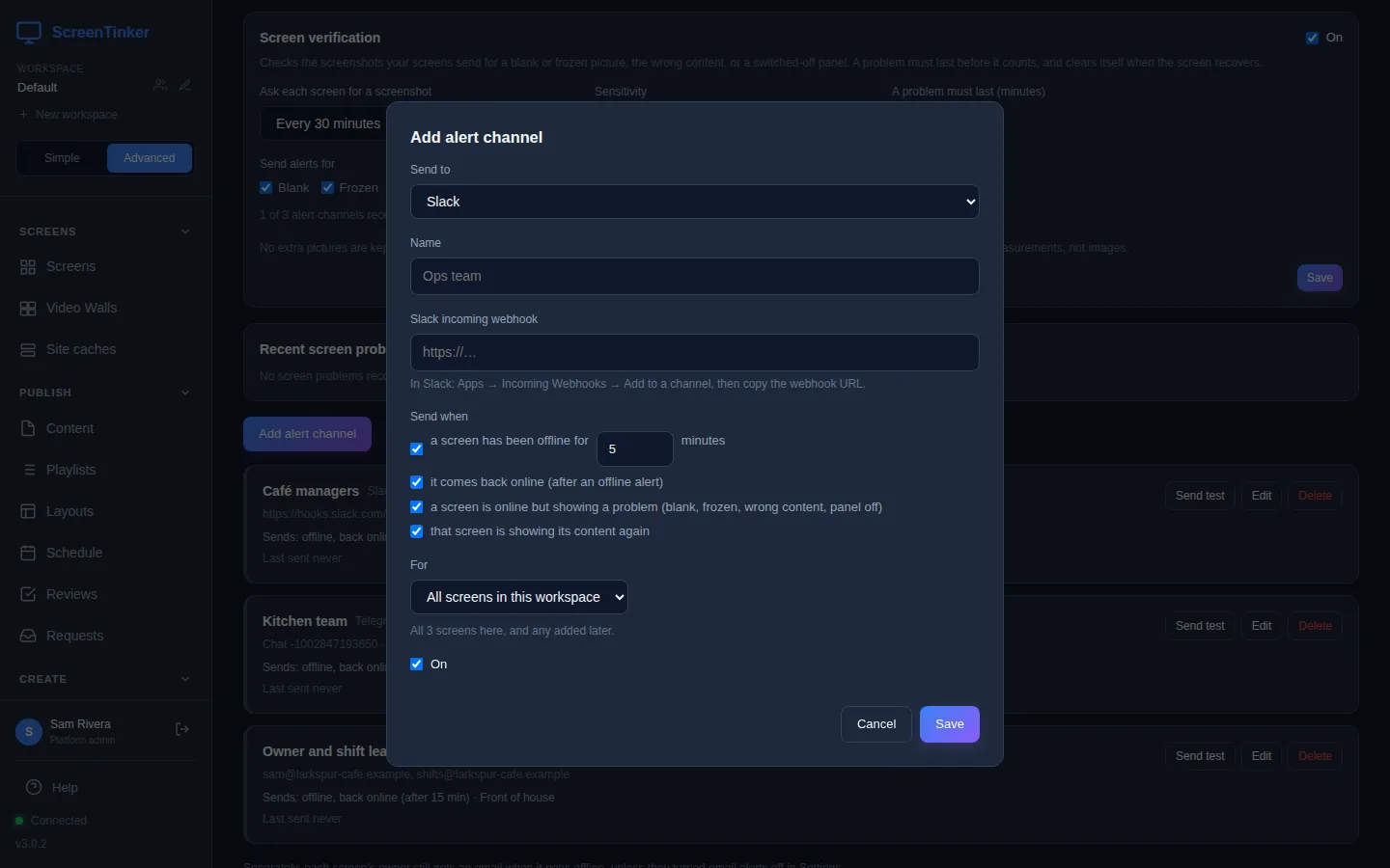 The Add alert channel form. Send to is Slack, Name has the example Ops team, Slack incoming webhook with the hint In Slack: Apps, Incoming Webhooks, Add to a channel, then copy the webhook URL. Send when has four ticked boxes: a screen has been offline for 5 minutes, it comes back online after an offline alert, a screen is online but showing a problem, and that screen is showing its content again. For is All screens in this workspace, with the note All 3 screens here, and any added later. On is ticked, with Cancel and Save buttons.