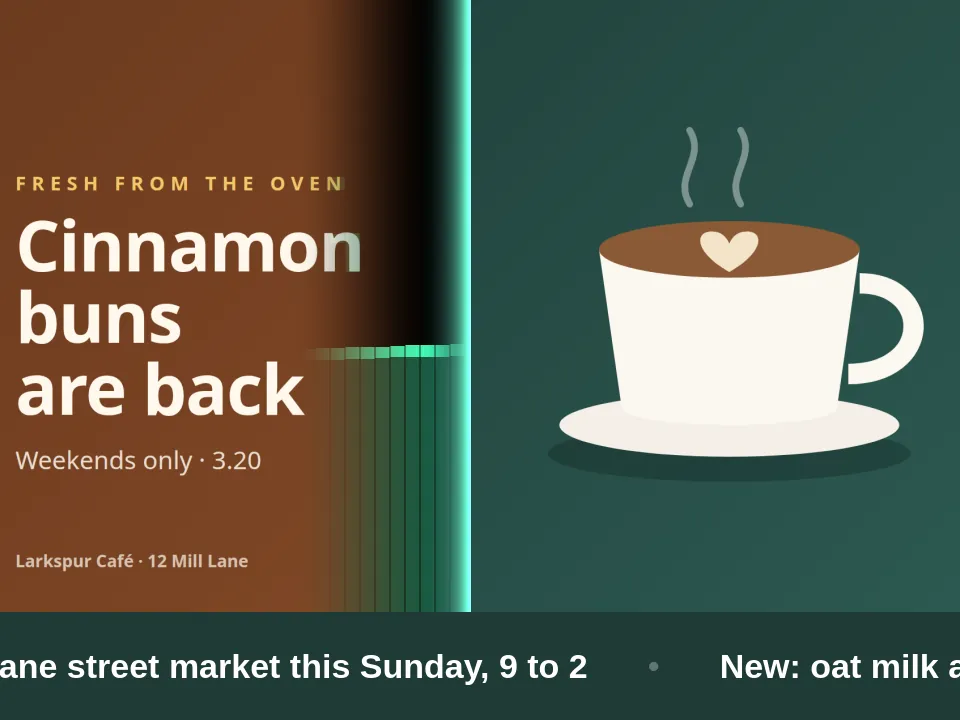 The main zone of the Counter screen playlist halfway through a Spectrum Sweep: a bright vertical band crosses from a cinnamon bun poster to a flat white poster, while the news ticker below keeps scrolling.